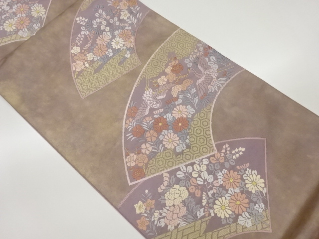 引箔地紙に鶴・竹梅・花々模様織出し袋帯